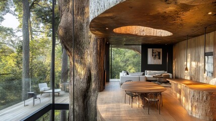Tree Trunk Integrated Into Modern Interior Design of a Home