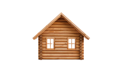 Log cabin with windows, white isolated background