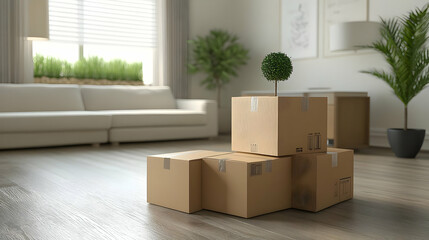 3D Rendered Cardboard Boxes in Living Room