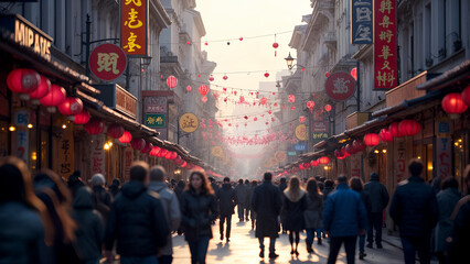 Obraz premium A Captivating View of a Lively Street Thrumming with Pedestrians and Diverse Activities, Illustrating the Vibrancy of Urban Life
