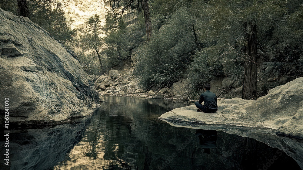Poster a lone man sits in meditation on a rock in the middle of a still forest stream, surrounded by toweri