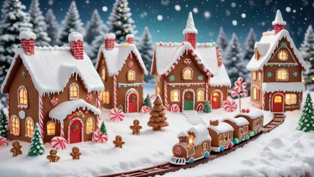 Gingerbread Village with Snow-Covered Houses and Christmas Train