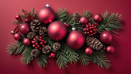 Red Christmas Ornament and Pinecone Arrangement on Pine Branches