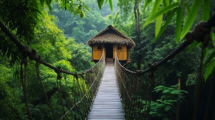 Wooden Bridge Leading to a Treehouse in a Lush Green Forest