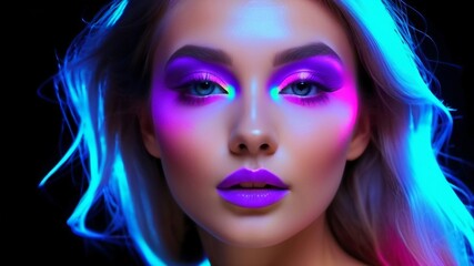Fototapeta premium Portrait of a woman with makeup in fluorescent light.