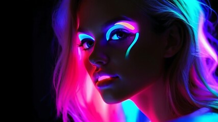 Obraz premium Portrait of a woman in fluorescent light in the dark.