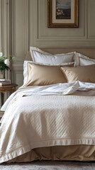 elegant beige and white bed with quilted coverlet in classic bedroom setting
