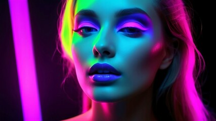 Portrait of a woman in fluorescent light. Author Artist Nadia Russ.	