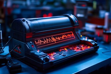 Close-up of a polygraph machine showing heart rate and respiration lines fluctuating on a screen, capturing the intensity and scientific side of lie detection, symbolizing precision and tension