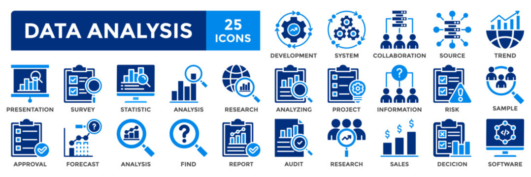 Data analysis icon collection set. Containing analysis,information, trend, forecast, decision,risk,research,report icon. Simple flat vector illustration.