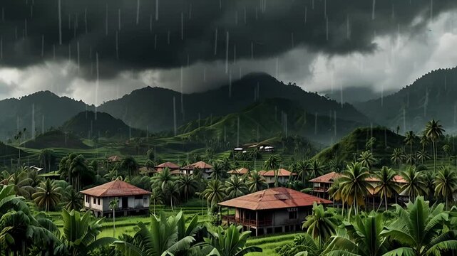 Rural view under the mountain during heavy rain with aerial view. Seamless 4K looping timelapse video animation background