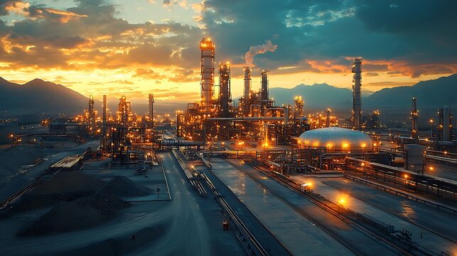 A stunning industrial scene showcasing the gasification process at a refinery during sunset, highlighting technology and innovation in energy production.
