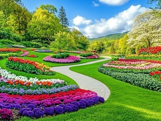 Obraz premium A vibrant garden with colorful flowers and winding pathways under a clear blue sky.
