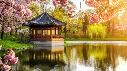 Fototapeta premium Serene Chinese Garden with Pagoda and Blooming Cherry Blossoms
