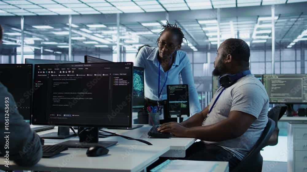 Poster engineer working with colleague on computer in high tech data center establishment monitoring hardwa