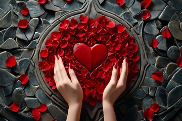 Gothic-inspired hands squeezing a rose with petals falling, capturing the intense and dramatic side of a gripping action in a gothic setting, symbolizing passion and beauty