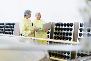 Quality control officer are examining in beverage manufacturing factory.