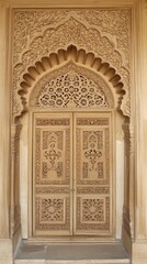 Fototapeta premium Ornate wooden door with intricate carvings in a historical architectural style.