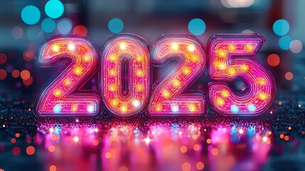 Happy New Year 2025 Abstract digital '2025' in neon lights with futuristic sparkles, festive and modern New Year look