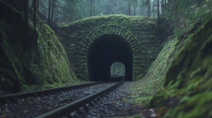 Moss-Covered Stone Tunnel with Train Tracks in a Forest