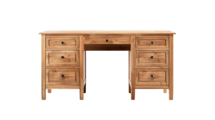 Wooden desk with six drawers, isolated on white background.
