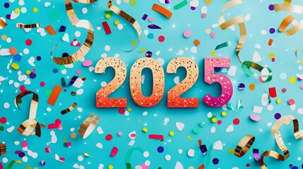 Obraz premium Happy New Year 2025 Colorful 2025 with confetti and streamers, New Year joy, flat design illustration