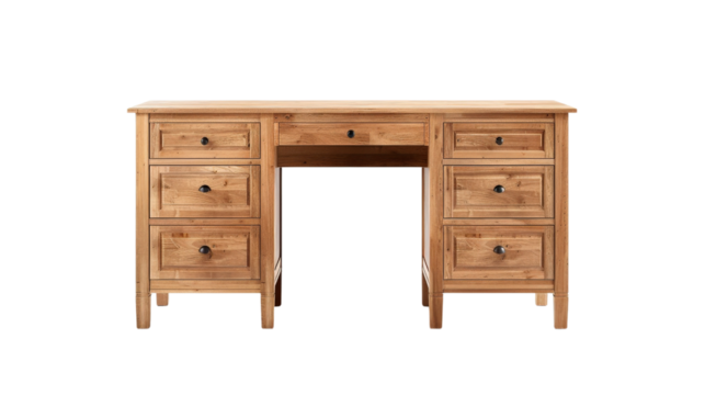 Wooden desk with six drawers, isolated on white background.