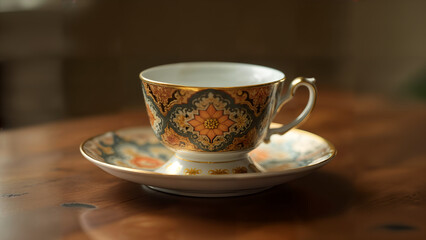 Fototapeta premium An Elegant Small Saucer Adorning a Richly Designed Wooden Table, Elevating the Dining Experience