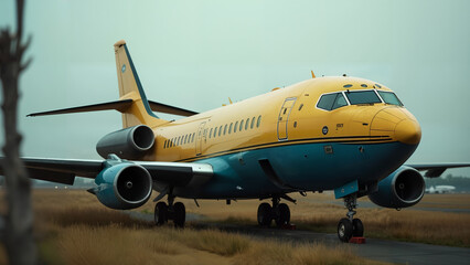 Obraz premium A Striking Contrast Between a Parked Airplane and a Rustic Wooden Pole in a Quiet Setting