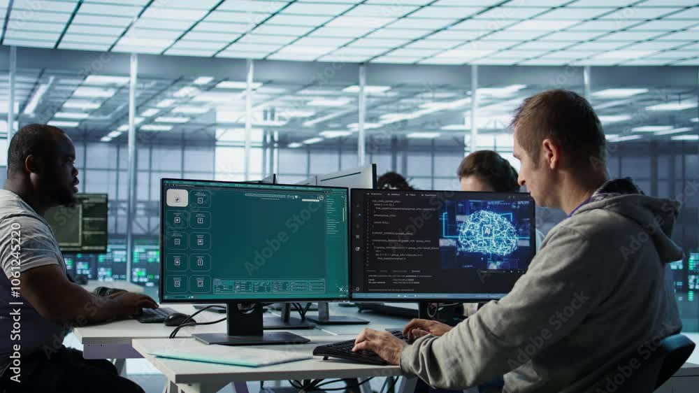 Poster engineer in server hub making ai software turning text prompt into photos. technician in data center