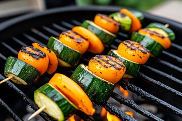 Detailed image of a skewer with grilled vegetables and meat, showing char marks and intense color, capturing the satisfying and rich appeal of barbecue, symbolizing indulgence and texture