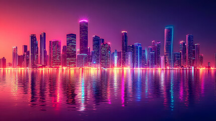 Fototapeta premium Vibrant City Skyline at Night with Reflections