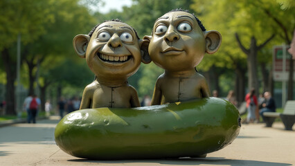 Obraz premium An Amusing Sculpture of Two Characters Looking Back with a Playful Oversized Pickle