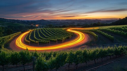 Fototapeta premium Winding Road Through Vineyard at Sunset with Light Trails