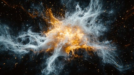 Abstract swirling cloud of white and gold smoke with a black background.