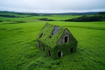 Obraz premium Dilapidated house with broken windows and overgrown ivy, surrounded by fog, capturing the abandoned, haunting beauty of a forgotten place, symbolizing mystery and solitude