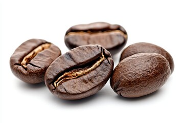 Naklejka premium Close-up of Four Roasted Coffee Beans on White Background