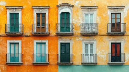Obraz premium Brightly colored buildings with balconies and balconies on each of them