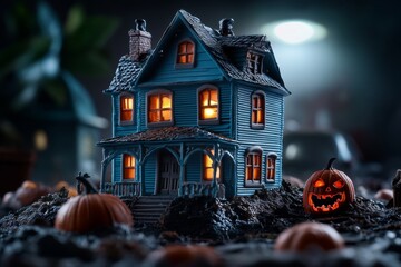 Flat 2D depiction of a haunted house with faint lights inside, capturing the eerie, quiet charm of horror in a playful style, symbolizing suspense and mystery