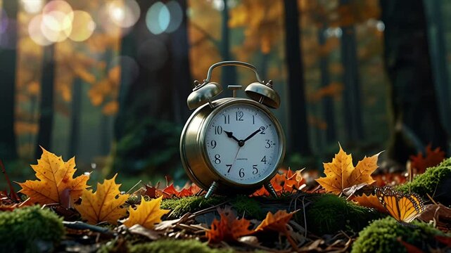An alarm clock on a rock in the middle of a forest with a carpet of dry leaves. Seamless 4K looping timelapse video animation background