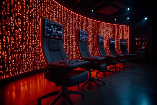 Person connected to a digital lie detector machine in a cyberpunk-inspired room, capturing the intense and high-tech nature of futuristic truth verification, symbolizing scrutiny and modernity