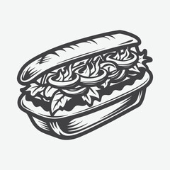 Philly Cheesesteak Silhouette Vector Illustration Isolated on White Background American Sandwich Art Design