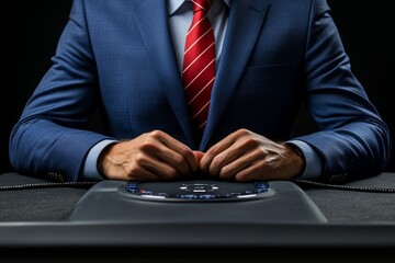 Person in a suit, nervously adjusting their collar while attached to a polygraph machine, capturing the psychological pressure and intensity of a lie detector test, symbolizing truth and tension