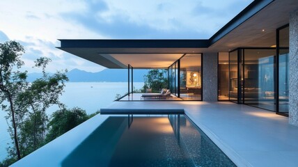 Fototapeta premium Modern House with Infinity Pool Overlooking a Lake and Mountains
