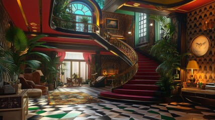 Grand Mansion Interior with Curved Staircase and Lush Greenery