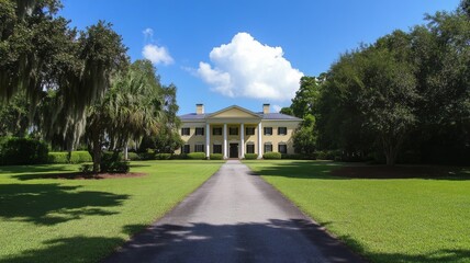 A Yellow Mansion with White Columns on a Driveway in a Green Lawn