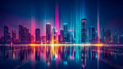 Fototapeta premium Vibrant City Skyline at Night with Colorful Reflections