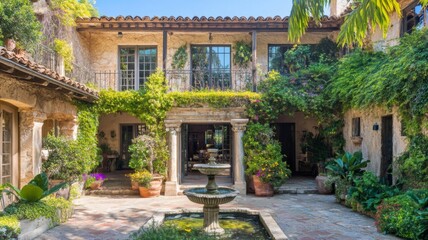 Fototapeta premium Stone Courtyard with Fountain and Lush Greenery