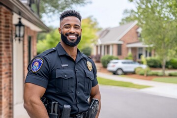 Police officer holding a search warrant at the door of a house, capturing the formal and procedural aspect of law enforcement, symbolizing authority and security