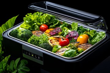 High-tech grill with transparent lid and digital temperature display, grilling vegetables with precision and perfect char marks, symbolizing modernity and energy